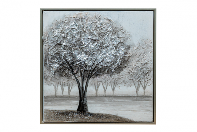 TABLE TREE BAD GRAY ON CANVAS GOLD WITH SILVER FRAME SIZE WITH FRAME 42,5X42, 5X3, 5CM