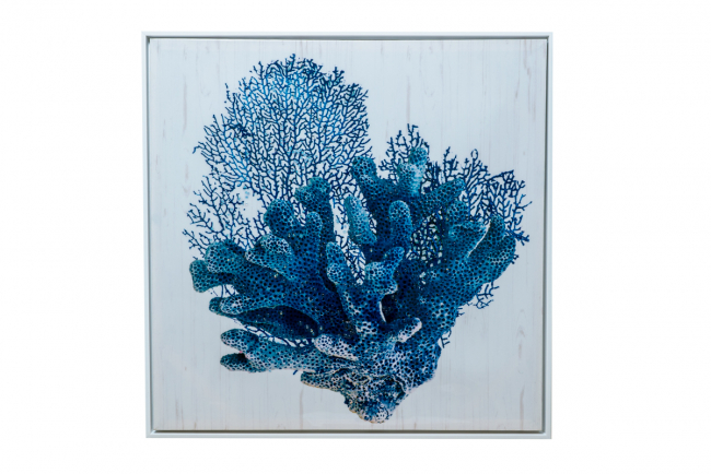 TABLE CORAL BLUE ON GLOSSY CANVAS WITH FRAME WHITE TOTAL SIZE 62,5X62, 5X3, 5CM