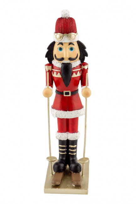 NUTCRACKER POLYESTER WITH SKI RED WITH GREEN CAP 23CM HEIGHT