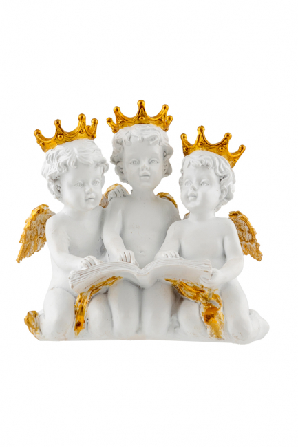 SET OF 3 POLYESTER WHITE ANGELS WITH GOLDEN WREATHS 13,5 CM