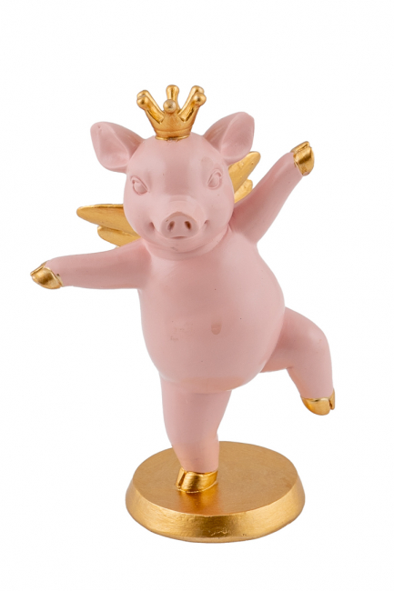 POLYESTER PIGLET PINK WITH GOLD CROWN IN 14CM GOLD BASE