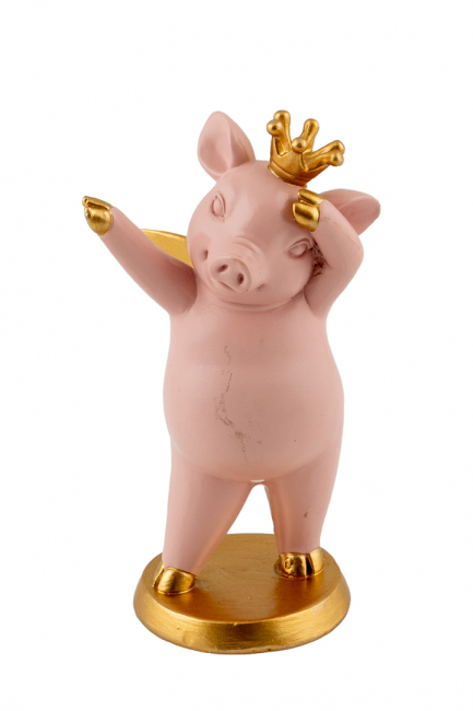 POLYESTER PIGLET PINK WITH GOLD CROWN IN 14CM GOLD BASE