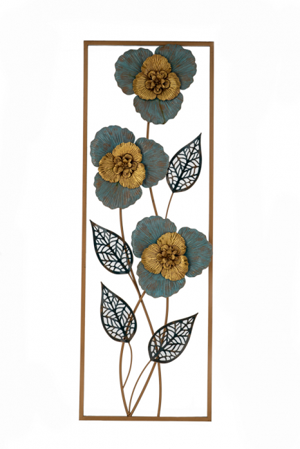 METAL DECORATIVE WALL FLOWERS IN FRAME GOLD BLUE VERAMAN COLORS 31X2. 5X90CM