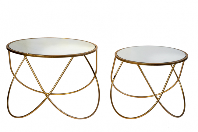 SET OF TWO METAL GOLD ROUND TABLES WITH MIRROR 60X45CM AND 48X40CM
