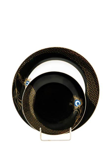SET OF TWO PLATES WITH METAL STAND MATO BLACK GOLD DESIGN PLATE SIZE 26.7 CM AND 19CM