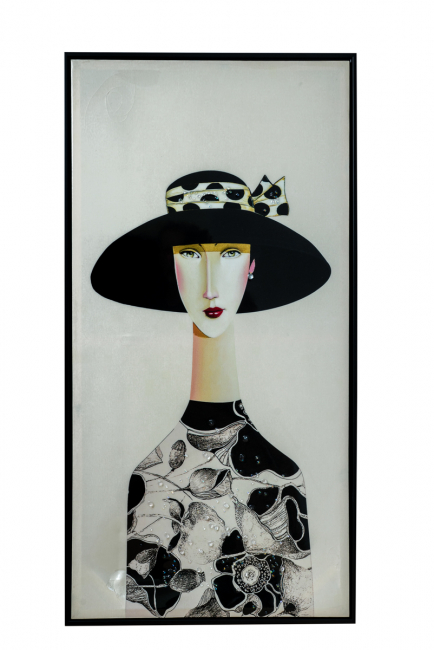 WOMAN IN CANVAS SHINY WITH HAT WITH BLACK FRAME .SIZE WITH FRAME 52,5X102, 5X3, 5CM