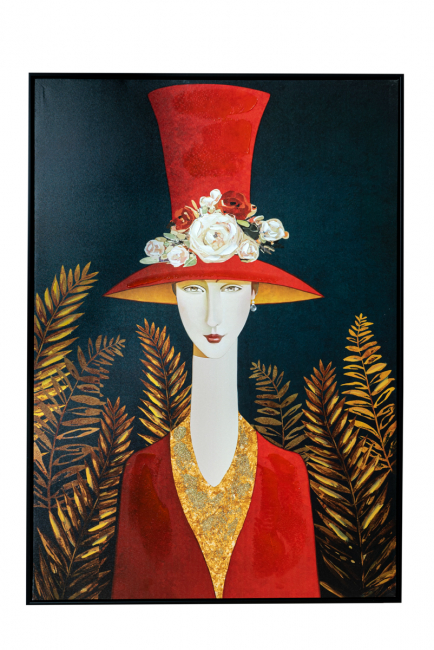 WOMAN IN CANVAS SHINY WITH HAT WITH BLACK FRAME SIZE WITH FRAME 72, 5X100X3, 5CM
