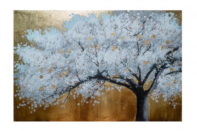 SILVER TREE TABLE ON CANVAS WITH GOLD WALLPAPER 80X120X3CM