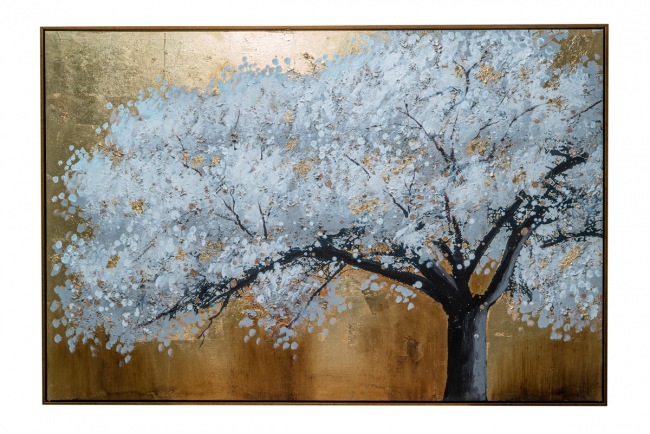 SILVER TREE TABLE ON CANVAS WITH GOLD WALLPAPER AND GOLD FRAME.SIZE WITH PHOTO WALLPAPER 82, 5X122, 5