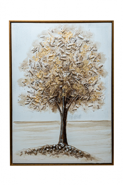 TABLE TREE GOLDEN BROWN ON CANVAS GOLD WITH GOLD FRAME SIZE WITH FRAME 52,5X72, 5X3, 5CM