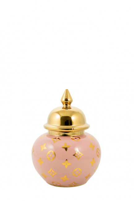 JAR JAR CERAMIC PINK WITH DESIGN AND GOLD LID 24X17. 5CM