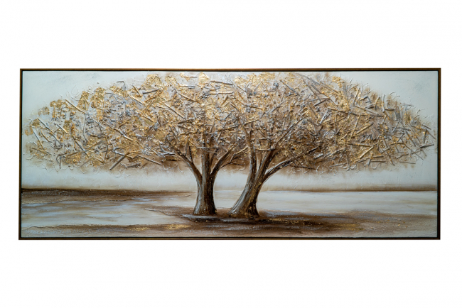 TABLE TREES GOLDEN BROWN ON CANVAS GOLD WITH GOLD FRAME SIZE WITH FRAME 62,5X152, 5X3, 5CM