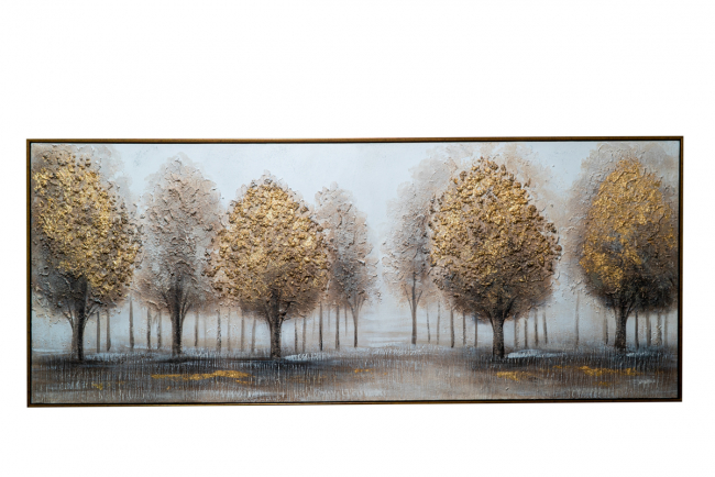 PIANO FOREST WITH GOLDEN BROWN TREES ON CANVAS WITH GOLD FRAME SIZE WITH FRAME 62,5X152, 5X3, 5CM