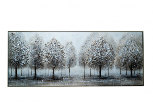 PIANO FOREST WITH GRAY TREES ON CANVAS WITH SILVER FRAME SIZE WITH FRAME 62,5X152, 5X3, 5CM