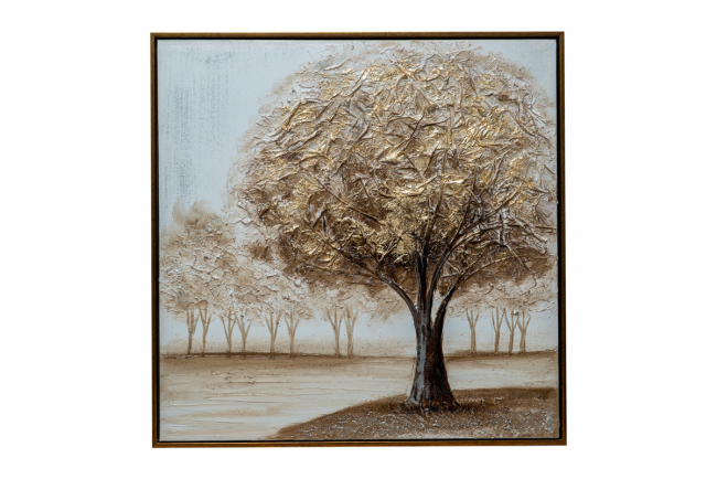 TABLE TREE GOLDEN BROWN ON CANVAS GOLD WITH GOLD FRAME SIZE WITH FRAME 62,5X62, 5X3, 5CM