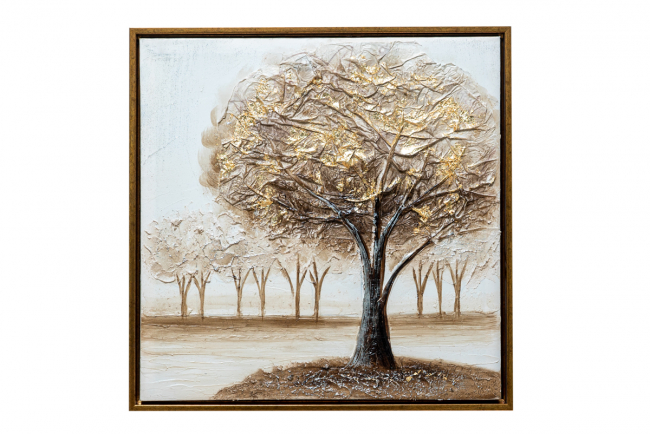 TABLE TREE GOLDEN BROWN ON CANVAS GOLD WITH GOLD FRAME SIZE WITH FRAME 42,5X42, 5X3, 5CM